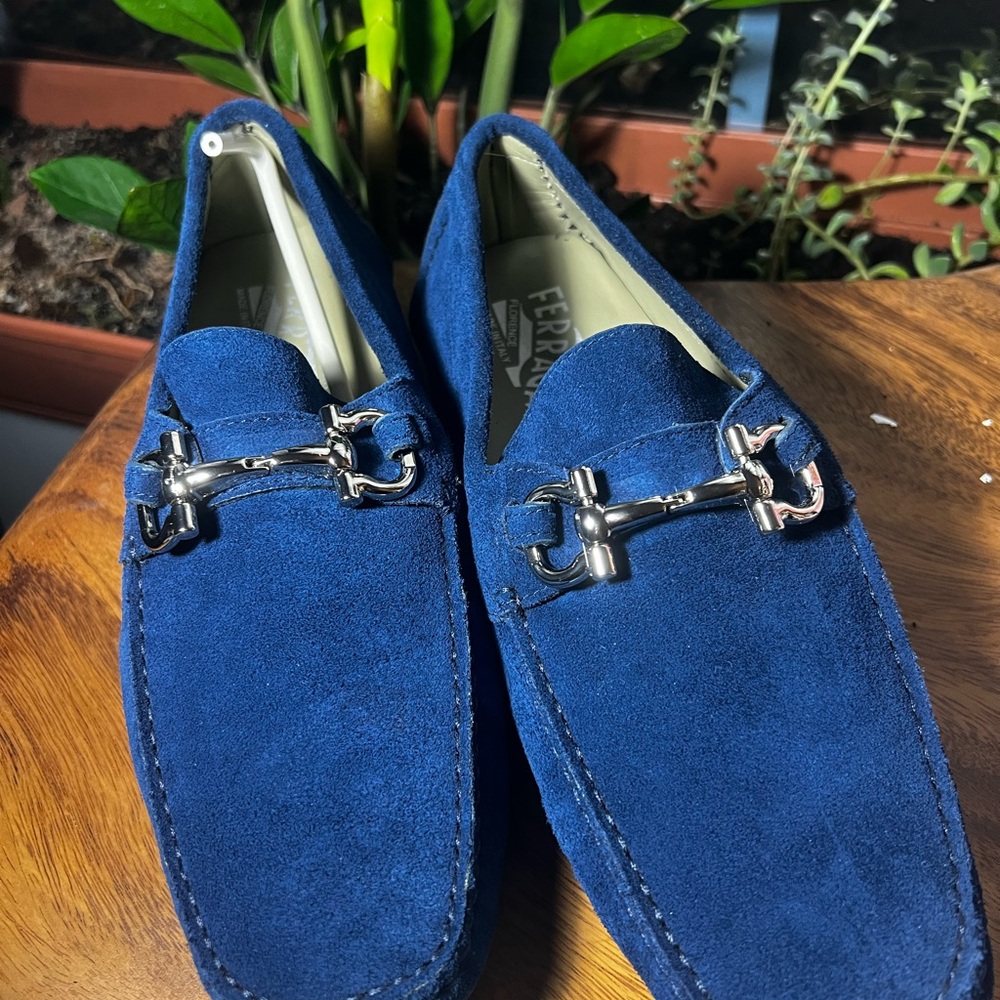 I pair of blue suede Ferragamo men’s shoes. New, never been used.